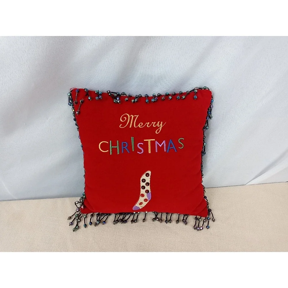 VTG Red Beaded Velvet Pillow Merry‎ Christmas Small Sequin Stocking Throw Pillow